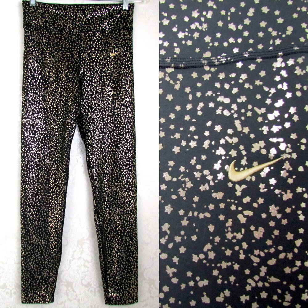 NIKE LEGGINGS, ATHLEISURE GOLD POLKA DOT, 26" WAIST,  STRETCH RUNNING